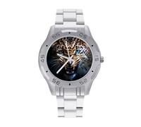 Leopardi con gli occhi azzurri Orologio da polso da uomo in acciaio inossidabile alla moda orologi da polso personalizzati facili da leggere per le donne