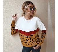 Leopardo Patchwork Maglia Girocollo Maglione Manica Lunga Casual Top per Donne