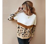 Leopardo Patchwork Maglia Girocollo Maglione Manica Lunga Casual Top per Donne
