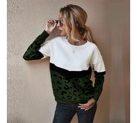 Leopardo Patchwork Maglia Girocollo Maglione Manica Lunga Casual Top per Donne