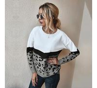 Leopardo Patchwork Maglia Girocollo Maglione Manica Lunga Casual Top per Donne