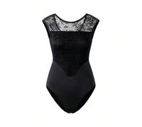 Leotard da danza classica nero per ragazza adolescente, design elegante con scollo rotondo senza maniche, lavorazione in velluto burnout di alta qualità, tessuto elasticizzato di alta qualità per la m