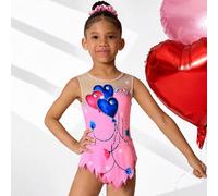 Leotard da ginnastica floreale rosa per ragazze giovani, con stampa a cuori e diamanti, gonna a doppio strato con orlo frastagliato, leotard aderente elastico e confortevole, edizione speciale per San