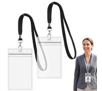 LEOUEANR Confezione da 2 porta carte d'identità con cordini, in plastica rigida trasparente, impermeabile, design verticale, richiudibile, ideale per professionisti