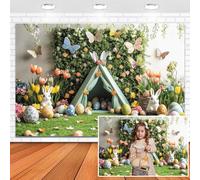 Leowefowa 1,5 x 0,9 m Primavera Pasqua Sfondo Primavera Giardino Verde Erba Tenda Floreale Farfalla Coniglietto di Pasqua Sfondo per Fotografia Sfondo Primavera Festa Decorazione Festival Foto Banner