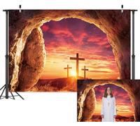 Leowefowa 4,6 x 2,4 m vinile He is Risen sfondo Pasqua Gesù Croce Cave Montagna Tramonto Dio Benedica Crocifissione Sfondo Resurrezione di Gesù Sfondo Natale Chiesa Santury Decor Studio Props