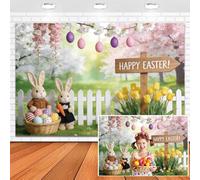 Leowefowa 5,5 x 2,1 m Spring Garden Happy Easter Photography Sfondo Banner Bunny Eggs Yellow Tulip Primavera Floreale Sfondo per Fotografia Sfondo Festa di Pasqua Decor Carta da parati Puntelli