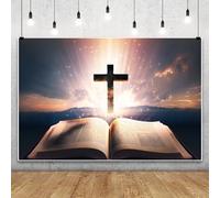 Leowefowa Fondali con libro biblico, 3 x 2 m, in vinile, crocifisso incandescente, Gesù Cristo, credenza, fotografia, cristianesimo, chiesa, Pasqua, evento, decorazione, fondale per studio fotografico