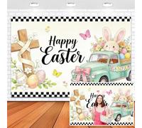Leowefowa Sfondo pasquale con camion incrociato, 2,4 x 1,2 m, in vinile, con coniglietto in stile cartone animato, uova colorate, fiori, Gesù, con bordi scozzesi di bufalo, sfondo per bambini
