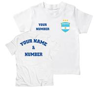 lepni.me Maglia Bambini Coppa del Mondo 2022 Campioni Calcio Argentina Tuo Nome e Numero Distintivo della Bandiera Argentino Personalizzato Maglietta (1-2 Anni Bianco con 3 Stelle Multicolore)