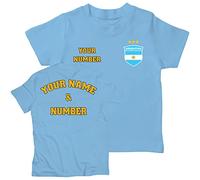 lepni.me Maglia Bambini Coppa del Mondo 2022 Campioni Calcio Argentina Tuo Nome e Numero Distintivo della Bandiera Argentino Personalizzato Maglietta (7-8 Anni Cielo Blu con 3 Stelle Multicolore)