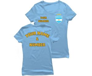 lepni.me Maglia da Donna Coppa del Mondo 2022 Campioni Calcio Argentina Tuo Nome e Numero Distintivo della Bandiera Argentino Personalizzato Maglietta (S Cielo Blu Multicolore)