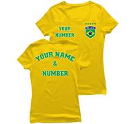 lepni.me Maglietta da Calcio Personalizzata da Donna Brasile 2026 a Maniche Corte | Nome e Numero Personalizzati | Design con Bandiera del Brasile (L Giallo Multicolore)