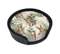 Lepre dietro la foglia,Set di 6 sottobicchieri rotondi, sottobicchieri in pelle PU con supporto per casa, ufficio, cucina