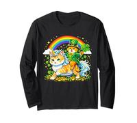 Leprechaun Cat Riding Unicorn Cat Shamrock Rainbow Maglia a Manica