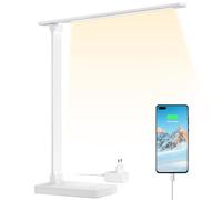 Lepro Lampada da Scrivania LED 15W 655LM,Porta USB Integrata,Bianco | Lampada da tavolo con adattatore,3 colori e luminosità regolabile,Luce da Lettura Protezione degli Occhi per Ufficio, Camera