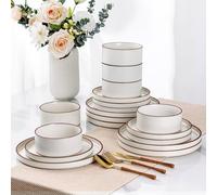 LeRatio Set di piatti per 6, 18 pezzi, piatti e ciotole in gres, resistente a scheggiature e graffi, set di stoviglie adatte a forno, lavastoviglie e microonde (bordo bianco perlato-marrone, servizio