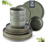 LeRatio Set di piatti per 6, 18 pezzi, piatti e ciotole in gres, resistente a scheggiature e graffi, set di stoviglie in smalto reattivo, adatto per forno, lavastoviglie e microonde (verde, servizio