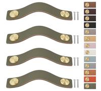 LEREATI 4 Pezzi Maniglie per Mobili in Ecopelle, Maniglie Armadio in Cuoio Pomello in Pelle, Pomelli per Cassetti, Porte, Mobili, Cucina (per Distanza dei Fori 96mm, Oro + Verde)