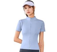 Lerpwige Alta Stretch Yoga Track Jackets Con Collo Stand Stoppini Umidità Manica Corta, Blu chiaro, L