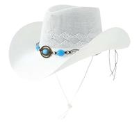 Lerpwige Cappello di paglia fatto a mano, cappello protettivo per il sole, tesa arrotolata con pietre preziose, cintura per vacanze, fotografia solare, copricapo cowgirl occidentale, bianco, Taglia