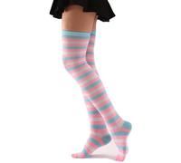 Lerpwige Coscia Calze Sopra Ginocchio Halloween Cosplay Festival Collant Strisce Colorate Per Le Donne Ragazze Sopra Il Ginocchio Calzini Per Le Donne Ragazze, Blu Cuff, Taglia unica