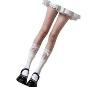 Lerpwige Elegante giuntura in pizzo da donna sopra i calzini a polpaccio con fascia Bowknot giapponese studente elasticizzato ginocchio lunghezza romanticismo nylon con cinturino, White socks fan band