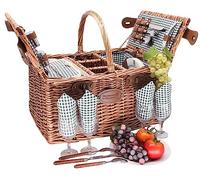 Les Jardins de la Comtesse - Cestino da Picnic Saint-Germain Verde - Vimini Natural - Completo/4 Pers - Scomparto Isotermico - Piatti in Ceramica/Bicchieri da Vino - Tessuto Marrone - 46 x 36 x 24 cm