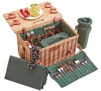 Les Jardins de la Comtesse - Cestino da Picnic Saint Honoré Verde - Vimini Naturale - Cinghie di cuoio - 4/Pers - Tavolo/Scomparto Isotermico Rimovibile - Piatti/Bicchieri da Vino - 45 x 28 x 28 cm
