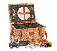 Les Jardins de la Comtesse - Cestino da Picnic Trianon Verde - Con Cinturini in Pelle - Completo Per 4 Persone - Scomparto Isotermico - Piatti in Ceramica/Bicchieri da Vino in Vetro - 45 x 31 x 25 cm