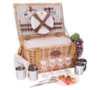 Les Jardins de la Comtesse - Cestino da picnic Concorde in vimini - 4 persone/scomparto isotermo/piatti/bicchieri da vino/tazze di metallo - tessuto colore bianco e grigio - 47 x 31 x 24 cm