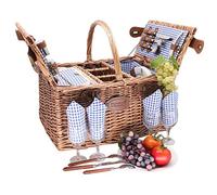 Les Jardins de la Comtesse - Cesto da picnic Saint Germain Vichy Blu - Completo- 4 Persone - Scomparto frigo isotermico - Armadietti per 3 bottiglie - Piatti in ceramica - 48 x 35 x 26 cm