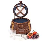 Les Jardins de la Comtesse - Piccolo Cestino da Picnic Rotondo Tuileries - Completo per 2 Persone - Vano Isotermico Fisso - Piatti in Ceramica/Bicchieri da Vino in Vetro -Tessuto Blu - 33 x 33 x 24 cm