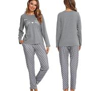 Les-Theresa Pigiama da Donna, Pigiama Lungo, da Donna, Comodo e alla Moda, con Motivo a Gatto, con Stampa a Maniche Lunghe, Pigiameria e Pantaloni Lunghi Femminili, Grigio., M
