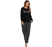 Les-Theresa Pigiama da Donna, Pigiama Lungo, da Donna, Comodo e alla Moda, con Motivo a Gatto, con Stampa a Maniche Lunghe, Pigiameria e Pantaloni Lunghi Femminili, Nero, M