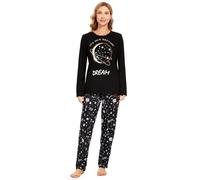 Les-Theresa Pigiama da Donna, Pigiama Lungo, da Donna, Comodo e alla Moda, con Motivo a Gatto, con Stampa a Maniche Lunghe, Pigiameria e Pantaloni Lunghi Femminili, Luna Nera, M