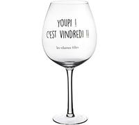 Les Vilaines 38-VF-028 - Bicchiere da vino XL con piede gigante Youpi est vindredi, in vetro trasparente, 12 x 25,5 cm