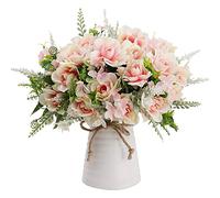 LESING Fiori Artificiali 3 Mazzi di Gardenia in Seta Artificiali con Vaso in Ceramica Bouquet Decorativo, Mazzi di Fiori Finti, Festa Nuziale, Decorazione Casa(Rosa)