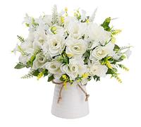 LESING Fiori Artificiali 3 Mazzi di Gardenia in Seta Artificiali con Vaso in Ceramica Bouquet Decorativo, Mazzi di Fiori Finti, Festa Nuziale, Decorazione Casa(Bianco)