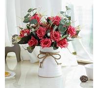 LESING Fiori artificiali in vaso di seta rosa composizioni fiori finti bouquet con vaso in ceramica centrotavola per tavolo da pranzo Roon decorazione cucina (rosso)