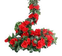 LESING Rose ghirlande artificiali di rose, 4 ghirlande di fiori in seta finta, con piante verdi da appendere, per casa, ufficio, decorazione da giardino (rosso)