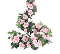 LESING Rose ghirlande artificiali di rose, 4 ghirlande di fiori in seta finta, con piante verdi da appendere, per casa, ufficio, decorazione da giardino (rosa)