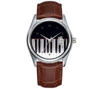 Leslie Harlow, orologio da polso da uomo, casual, impermeabile, al quarzo, con data, classico, in pelle marrone, orologio da polso di Natale, pianoforte., Marrone, Commerciale