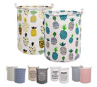 LessMo 2PCS 17.7 "Cestello portaoggetti per cesto della biancheria, cesti per biancheria pop-up pieghevoli, lino cotone impermeabile rotondo (ananas, Ispessito 17,7 "/ Medio)