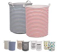 LessMo 2PCS 17.7 "Cestello portaoggetti per Cesto della Biancheria, cesti per Biancheria Pop-up Pieghevoli, Lino Cotone Impermeabile Rotondo (Strisce, Ispessito 17,7 "/ Medio)