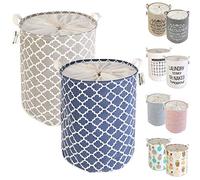 LessMo 2PCS 17.7" con Coulisse Portabiancheria Bagagli Sorter, Pieghevole Pop-Up Lavanderia Cesti, Impermeabile Rotonda Cotone Lino (Blu/Grigio Addensato 17.7" / Medio)