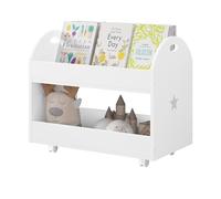 Lestarain Libreria per Bambini a 2 Ripiani, Scaffale Portagiochi per Bambini con Ruote, 2 Freni, Libreria Bianca Piccola con Motivi a Stella, Porta Giocattoli in Legno