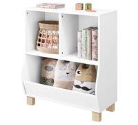 Lestarain Libreria per Bambini, Libreria Bambini da Terra, Contenitore per Libri e Giocattoli Montessori in MDF, con 3 Scomparti Aperti e Gambe in Legno Massello, Bianco, 71,5x34,5x77cm