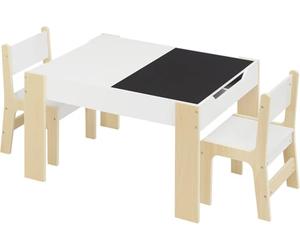 Lestarain Set di Tavolino e Sedie per Bambini in Legno, Tavolo Contenitore con 2 Sedie e Lavagna Nera, Mobili per Cameretta, Stanza dei Giochi, Bianco + Venature Legno