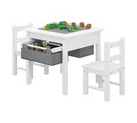 Lestarain Tavolino da Gioco per Bambini con 2 Sedie, Set di Tavolo e Sedie, con 2 Contenitori in TNT e Base per Blocchi di Costruzione, in Legno, Bianco + Grigio